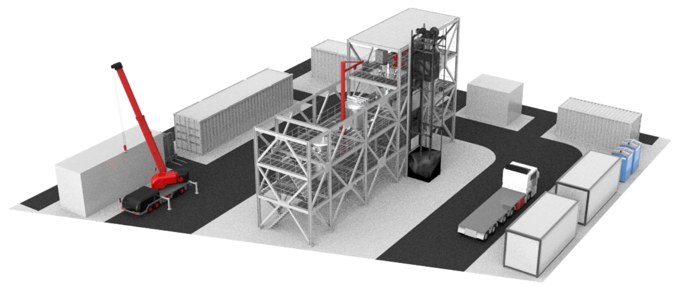 Implantation d’une usine HyPlasma de 2 MW sur un site industriel, avec une grue, des conteneurs et des camions